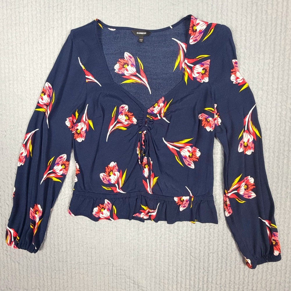 Express Navy Blue Floral Tulip Peplum Blouse Long Sleeve Tie Front Top Medium